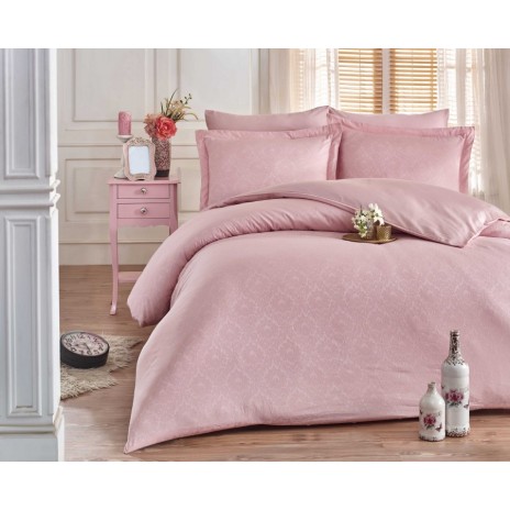 Lenjerie de pat din satin bumbac roz pudră model Damasc