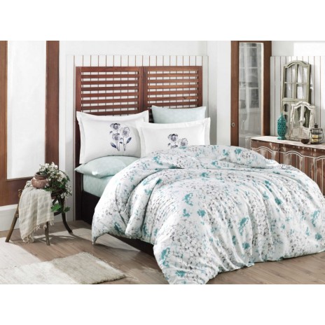Lenjerie de pat din bumbac satinat Hobby Home cu model flori mentă pe fundal alb ​
