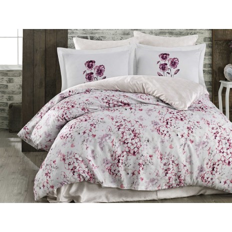 Lenjerie de pat din bumbac satinat, model Hobby Home Jimena Pink, alb și roz cu flori delicate