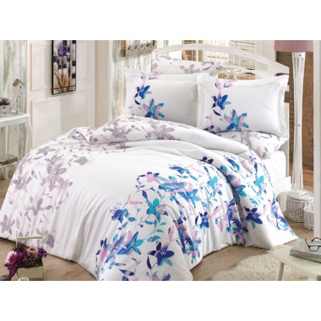 Lenjerie de pat albă cu flori turcoaz, mov și roz, detalii gri și albastru pastel, model Lucia, bumbac satin, 6 piese