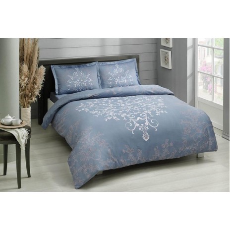 Lenjerie de pat bumbac satinat gri cu model floral alb