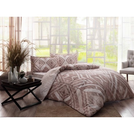 Lenjerie de pat satin de lux Avril cu design geometric alb pe fundal maro, set de 4 piese