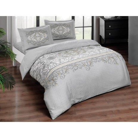 Lenjerie de pat dublu din satin gri și alb, model Dalida, cu imprimeu elegant