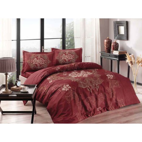 Lenjerie de pat dublu satin de lux TAC model Florian bordo cu imprimeu floral baroc, fabricată din 100% bumbac satinat.