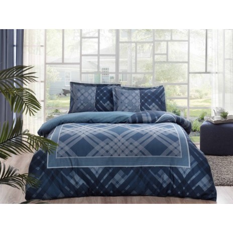Lenjerie de pat satin de lux Luana cu design geometric alb pe fundal albastru, set de 4 piese