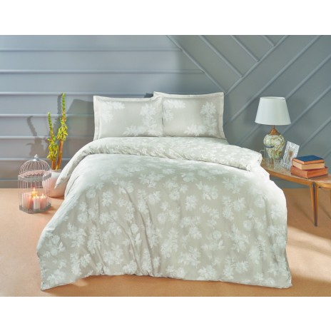 Lenjerie de pat gri din bumbac satinat Peggy cu flori albe, set de 4 piese, decor elegant și sofisticat