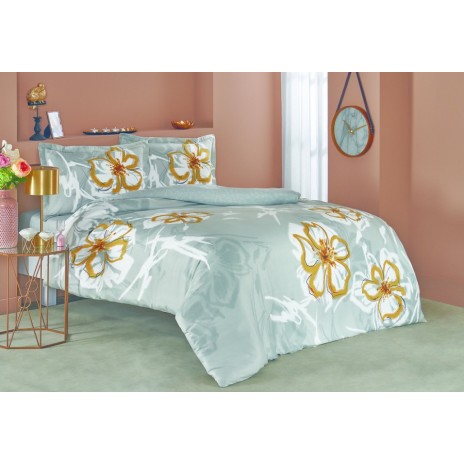 Lenjerie de pat verde mentă din bumbac satinat Romy cu flori galbene, set de 4 piese, decor elegant și sofisticat