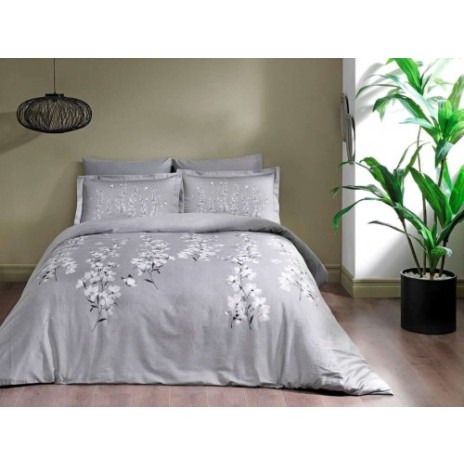 Lenjerie pat bumbac satinat 100% cu flori albe pe fundal gri, model Ronna, 6 piese