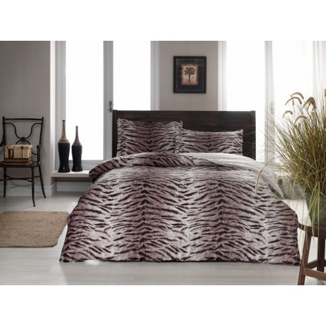 Lenjerie de pat satin de lux Sahra cu model imprimeu animal print alb pe fundal maro, set de 4 piese