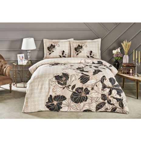 Lenjerie de pat cappuccino din bumbac satinat Sharon cu flori negre, set de 4 piese, decor elegant și sofisticat