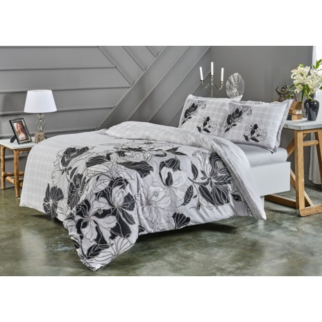 Lenjerie de pat gri din bumbac satinat Sharon cu flori negre, set de 4 piese, decor elegant și sofisticat