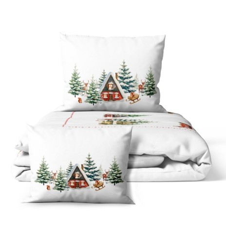 lenjerie de pat craciun 3d cabin bumbac 100% ranforce cu cabane si brazi