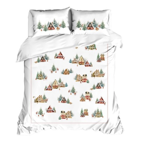 lenjerie de pat craciun 3d cabin bumbac 100% ranforce cu cabane si brazi