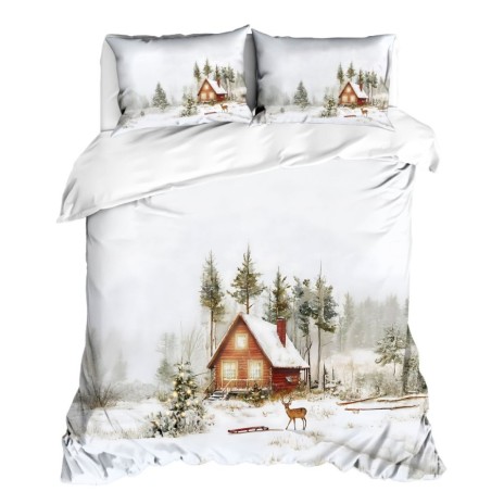 Lenjerie de pat Craciun Glow bumbac 100% ranforce cu cabana luminata si peisaj de iarna