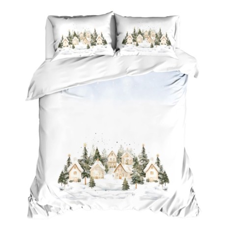 Lenjerie craciun snowy 3d bumbac 100 ranforce cu peisaj de iarna