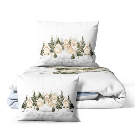 Lenjerie craciun snowy 3d bumbac 100 ranforce cu peisaj de iarna