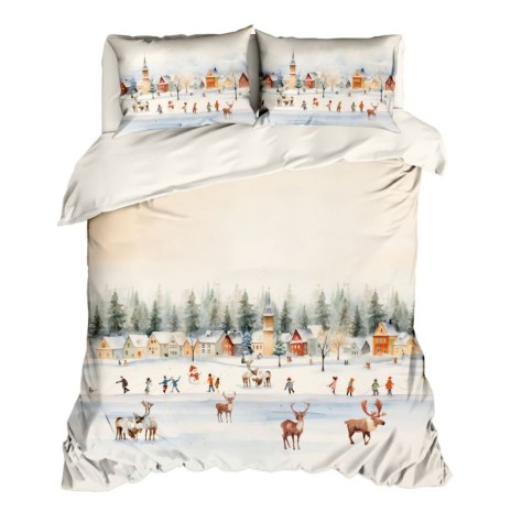 Lenjerie de pat craciun 3d joy bumbac 100% ranforce cu peisaj de iarna