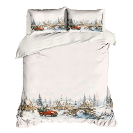 Lenjerie Home for Christmas cu sat inzapezit, pod de piatra, parau si camioneta rosie cu brad