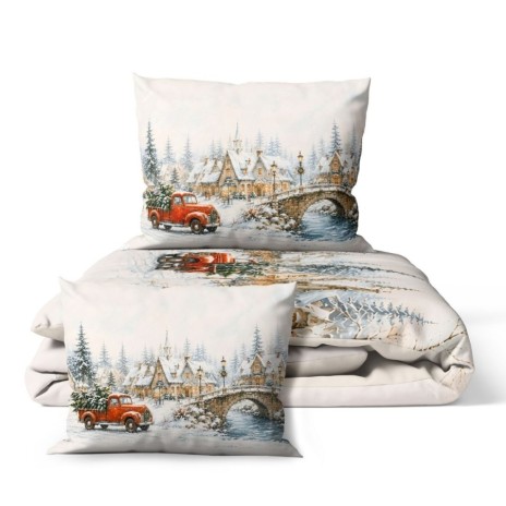 Lenjerie Home for Christmas cu sat inzapezit, pod de piatra, parau si camioneta rosie cu brad