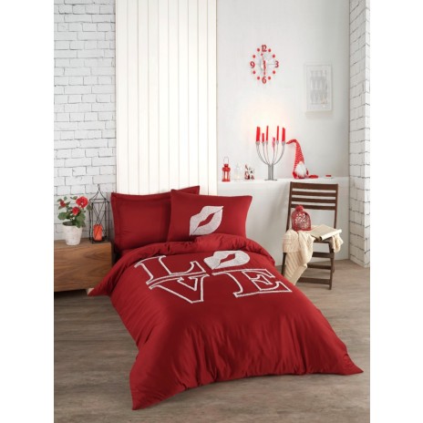 Lenjerie de pat dublu cu broderie, Class Home, Love Rosu