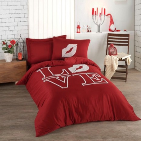 Lenjerie de pat dublu cu broderie, Class Home, Love Rosu