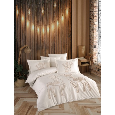 Lenjerie cu reni de pat dublu Craciun cu broderie cu puf, Class Home, Noel ecru