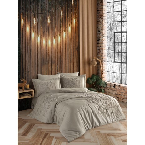 Lenjerie de pat Rosa maro deschis cu broderie în relief de trandafiri, bumbac 100% ranforce, pat dublu, decor modern, 6 piese