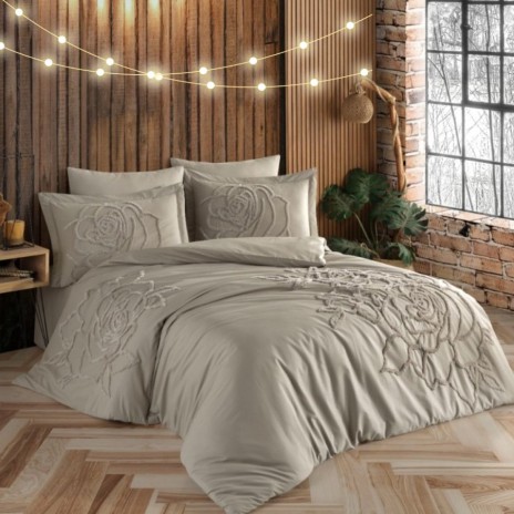 Lenjerie de pat Rosa maro deschis cu broderie în relief de trandafiri, bumbac 100% ranforce, pat dublu, decor modern, 6 piese