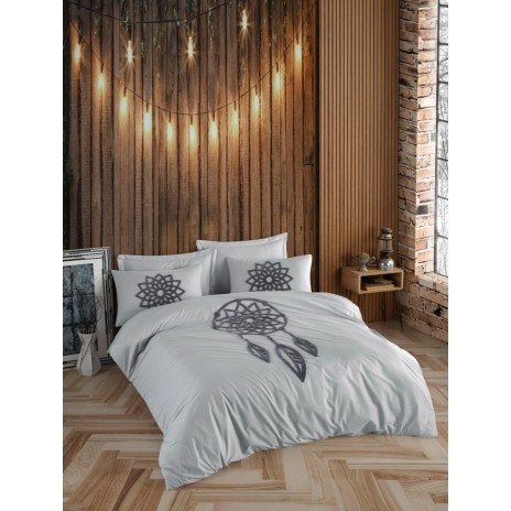 Lenjerie de pat Ruya gri cu broderie Dreamcatcher în relief, bumbac 100% ranforce, pat dublu, decor modern, 6 piese