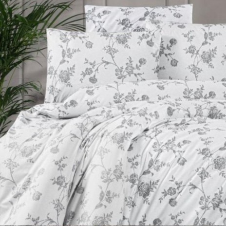 Lenjerie de pat dublu alba cu imprimeu de flori gri, din bumbac 100% creponat, set de 4 piese.
