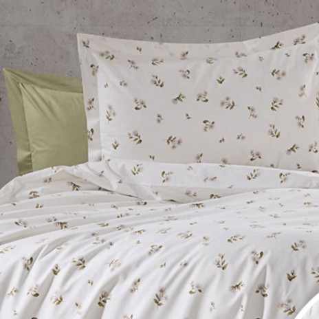 Lenjerie de pat dublu alba din bumbac 100% creponata cu model floral bej
