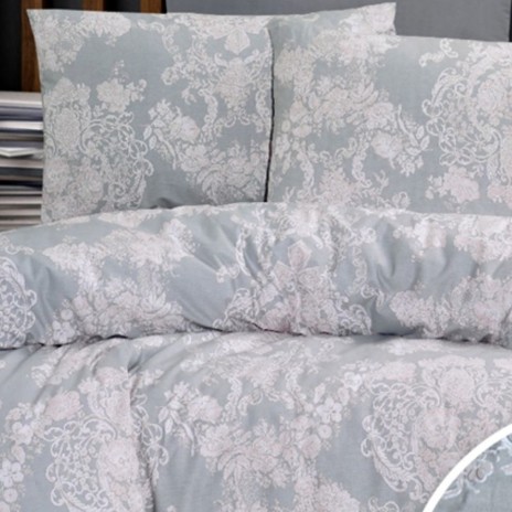 Lenjerie de pat dublu alba din bumbac 100% creponata cu model floral gri