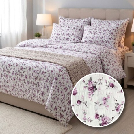 Lenjerie de pat dublu alba din bumbac 100% creponata cu model floral lila