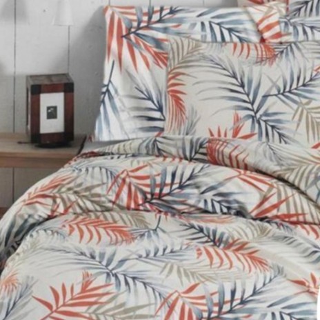Lenjerie de pat dublu cu imprimeu de frunze palmier, din bumbac 100% creponat, set complet.