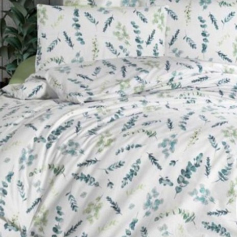 Lenjerie de pat dublu cu imprimeu de frunze stilizate, din bumbac 100% creponat, set complet.