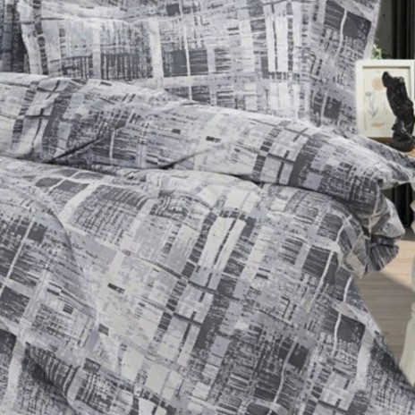 Lenjerie de pat dublu cu imprimeu geometric gri, din bumbac 100% creponat, set de 4 piese.