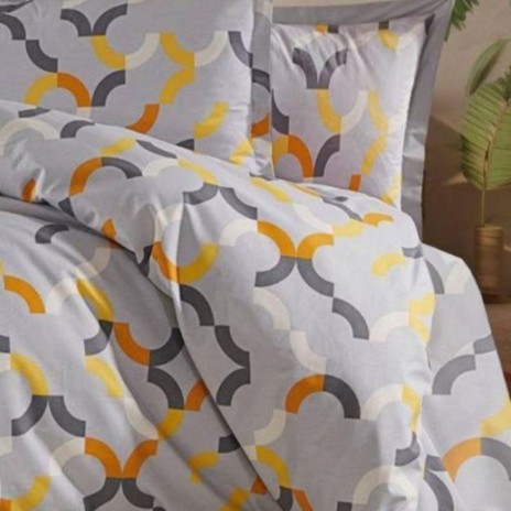 Lenjerie de pat dublu cu imprimeu geometric gri, galben si portocaliu, din bumbac 100% creponat, set de 4 piese.
