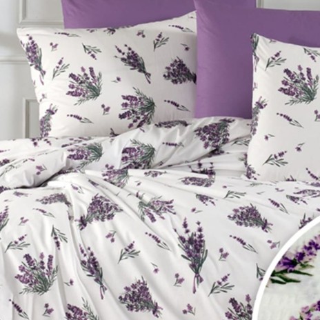 Lenjerie de pat dublu alba din bumbac 100% creponata cu model lavanda mov