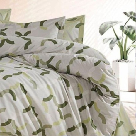 Lenjerie de pat dublu cu imprimeu geometric verde si alb, din bumbac 100% creponat, set de 4 piese.
