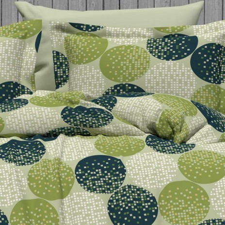 Lenjerie de pat dublu cu cercuri verzi, material bumbac creponat, set 4 piese cu elastic