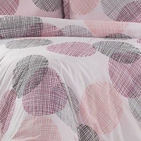 Lenjerie de pat dublu creponata cu elastic 140x200 cm din bumbac,cu cercuri in nuante de gri si roz, set 4 piese.