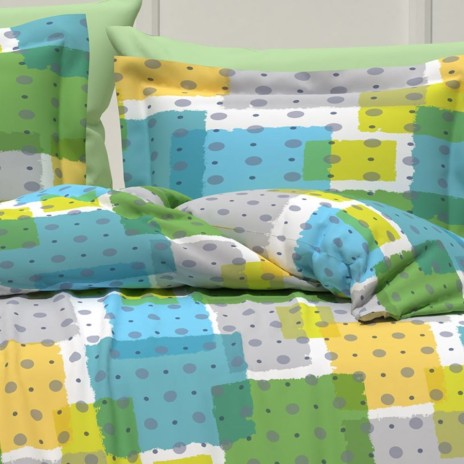 Lenjerie de pat dublu cu patrate multicolore in nuante de verde, galben, bleu, gri,, material bumbac creponat, set 4 piese.