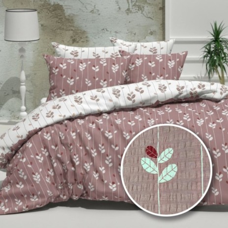 Lenjerie de pat dublu din bumbac 100% creponata cu elastic, model Roz cu frunze