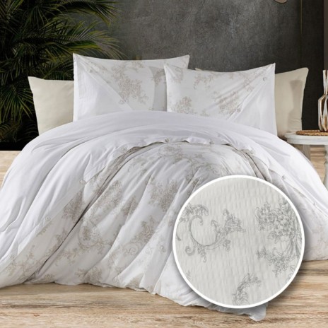 Lenjerie de pat dublu alba din bumbac 100% creponata cu elastic, model Flori Gri