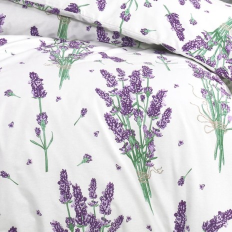 Lenjerie de pat dublu cu lavanda, bumbac 100%, set 4 piese, cearceaf elastic pentru saltea 180x200 cm.