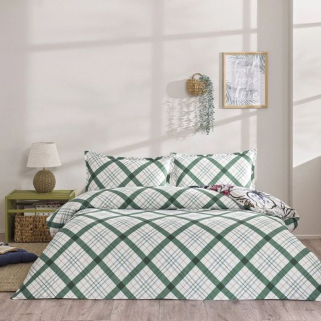Lenjerie de pat dublu cu 2 fete TAC Greeny Verde din bumbac 100% ranforce, design geometric si floral