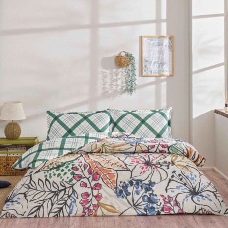 Lenjerie de pat dublu cu 2 fete TAC Greeny Verde din bumbac 100% ranforce, design geometric si floral