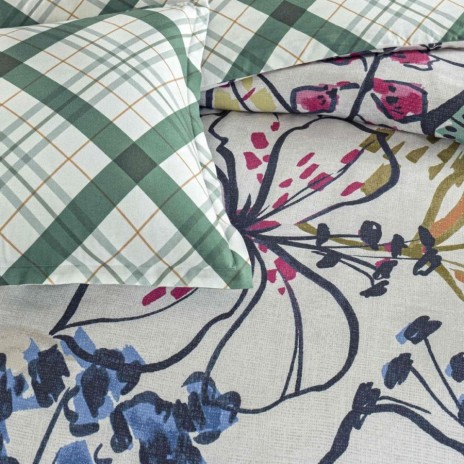 Lenjerie de pat dublu cu 2 fete TAC Greeny Verde din bumbac 100% ranforce, design geometric si floral
