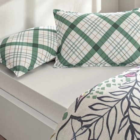 Lenjerie de pat dublu cu 2 fete TAC Greeny Verde din bumbac 100% ranforce, design geometric si floral