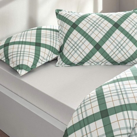 Lenjerie de pat dublu cu 2 fete TAC Greeny Verde din bumbac 100% ranforce, design geometric si floral